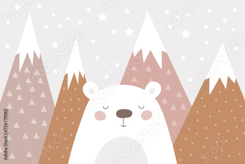 Hand drawn design with mountains and bear. For children's wallpapers. Baby room design. Vector