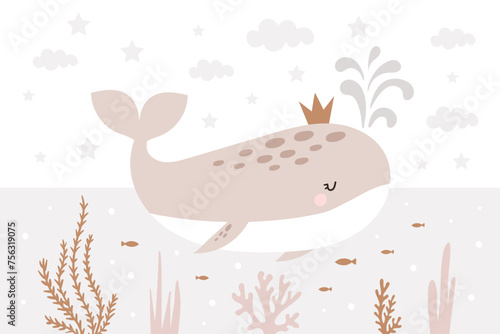 Hand drawn design with cute whale. For children s wallpapers  in scandinavian style. Baby room design. Vector