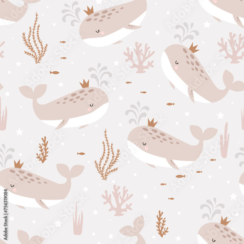 Seamless pattern with cute whales. Pattern for children. Hand drawn design in scandinavian style. Vector