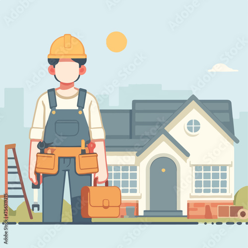 Illustration of construction worker with tools and the house behind © ZulHaq