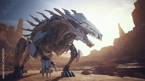 Futuristic dragon mech exploring ancient ruins soft light blending past and future stock photo ready © North