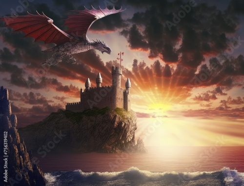 Medieval castle sunset sea flying dragon