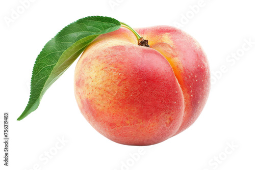 Two ripe peaches with green leaves resting on a pristine white background