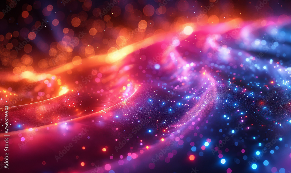 Obraz premium Abstract bright cosmic background with glowing particles with shining bokeh sparkles and waves. The energy of the universe big bang miracle miracle. Background with glowing dust particles