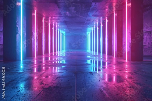 3D render of an empty room with neon lights in blue and pink colors on the walls  abstract background