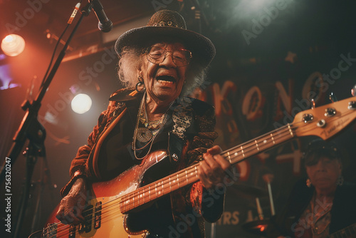 a grandmother playing an electric guitar on stage, channeling her inner rock star as she screams a song with passion and energy