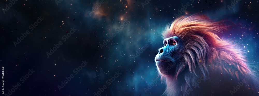 Monkey against cosmic background with space, stars, nebulae, vibrant colors, flames; digital art in fantasy style, featuring astronomy elements, celestial themes, interstellar ambiance