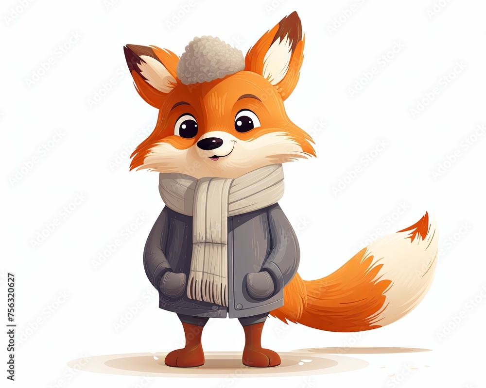 Fototapeta premium A heartwarming illustration of a fox dressed in cozy winter gear, complete with a fluffy pom-pom hat and oversized scarf.