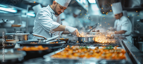 Professional chef in white uniform prepares delicious meal in the kitchen of restaurant kitchen.
