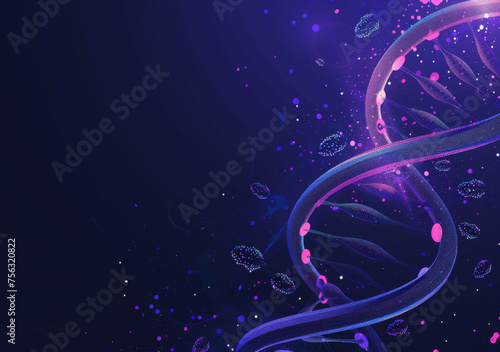 DNA close up, purple hue. DNA gene helix 3D loop, chromosome cell molecule purple light on black background. DNA molecule or cell genome for molecular science and genetic medicine technology