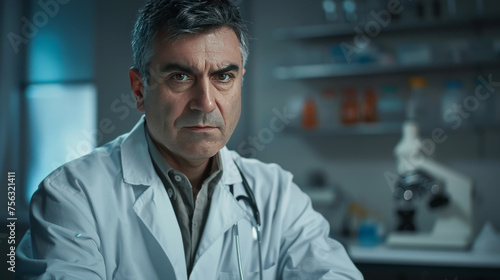 A head shot of a serious mature doctor in a white coat with a stethoscope being spoken by a senior GP looking into the camera. photo