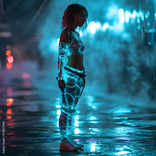 Woman in Cool and Futuristic Sports Outfit. Portrait of Female Model in Sportswear photo
