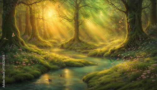 sunset in the forest tree painting illustration . wallpaper magic fantasy
