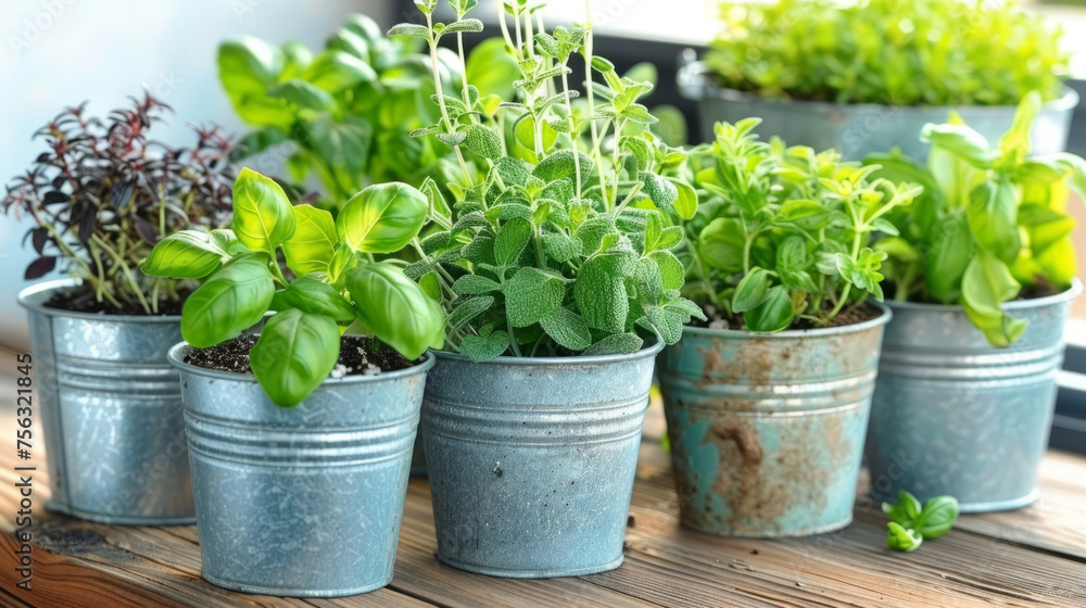 Collection of Aromatic Herbs in Metal Pots for Culinary Use