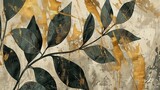 Retro, nostalgic, golden brushstrokes. Textured background. Oil on canvas. Modern Art. Floral leaves, green, gray, poster, card, mural, rug, hanging, print.