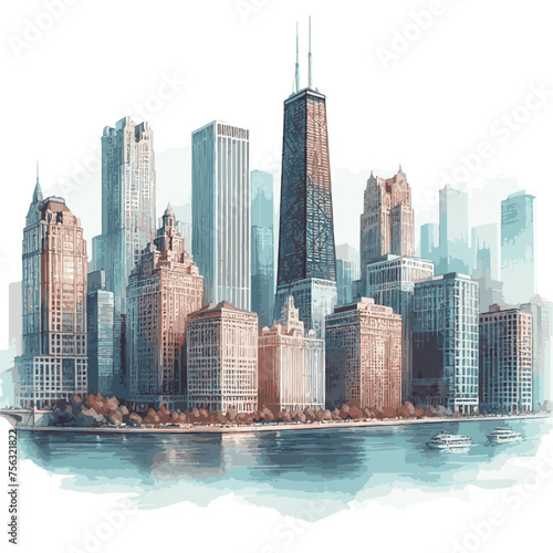 watercolor of Chicago skylines isolated on white background