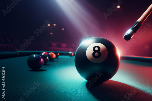 A glossy black billiard ball number 8 takes center stage, with a pool cue touching it in the upper right corner. The shot is taken from a lower angle, emphasizing the significance of the moment. The photo