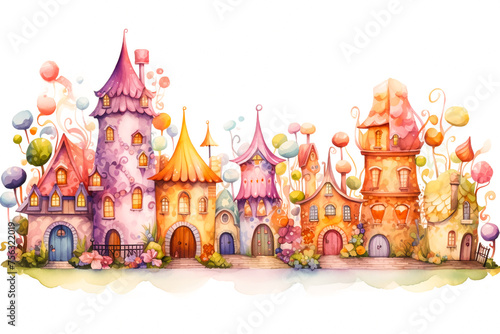Fairy-tale houses of elves or forest wizards painted in watercolor on a white background. A fictional fairy-tale town. An illustration of a story about elves.   © MariКа
