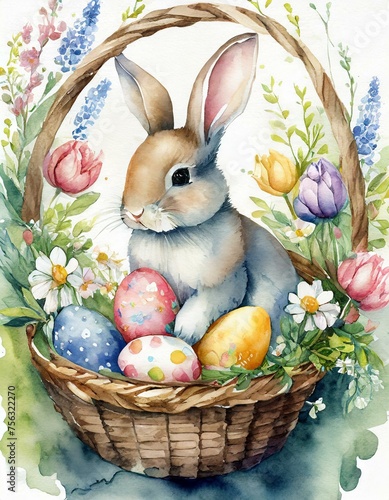 Easter card with a bunny  a sheep  eggs  spring flowers  a wreath in a watercolor style.