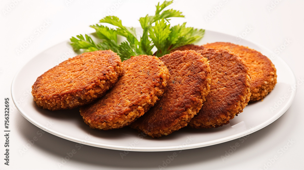 Round fried bulgur cutlets with leaves of green herbs on a plate on a white background Round fried bulgur cutlets with leaves of green herbs on a plate on a white background