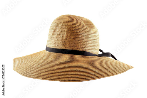 Tan hat adorned with a black ribbon around the brim