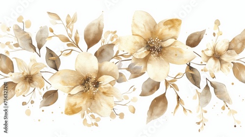 Golden watercolor flowers on white background