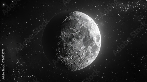 Black and white celestial moon surrounded by stars