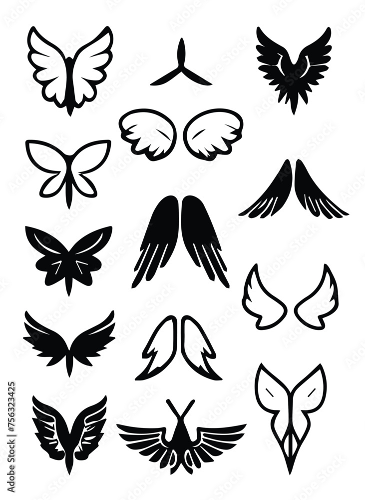 Outline vector black illustration of  wings