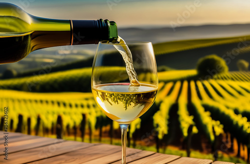 white wine is poured into a glass, which stands on a wooden table against a background of blurred vineyards. the technique of winemaking. bunches of ripe grapes. alcohol advertising