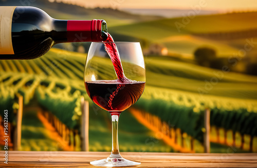 red wine is poured into a glass against the background of a valley of vineyards. technologies of winemaking. soft sunset light. wine production. free space for text