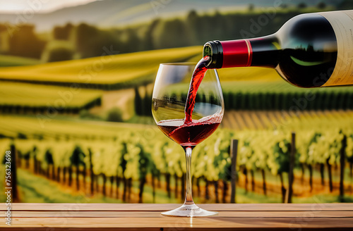 red wine is poured into a glass against the background of a valley of vineyards. technologies of winemaking. soft sunset light. wine production. free space for text