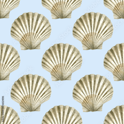 Seamless pattern of watercolor Seashell. Hand drawn illustration of sea Shell on light blue background. Colorful drawing of Scallop. Ocean Cockleshell marine underwater. For print decoration, fabric