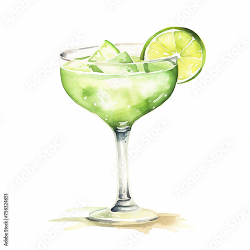 Watercolor hand painted mojito, gin tonic cocktail glass with lime fruit simple sketch illustration on white background for menu, ads and social media
