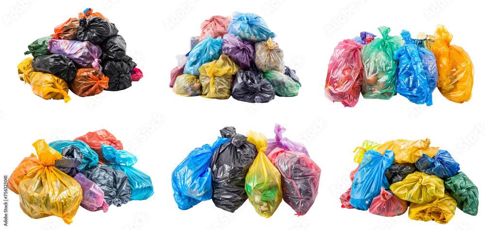 Pile of garbage with plastic bags isolated transparent background, PNG set