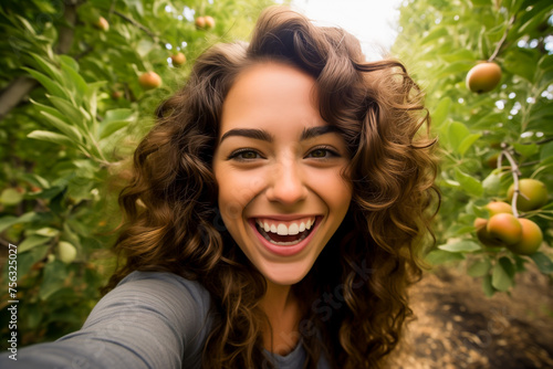 Young happy woman taking selfie in the orchard. Portrait of smiling attractive woman in the nature.