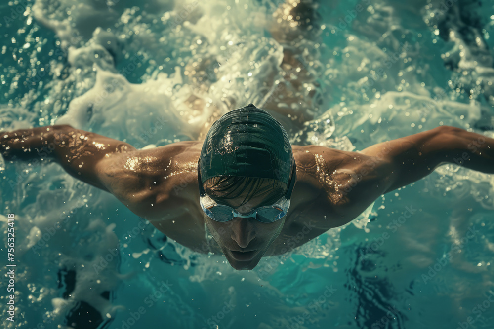 Swimmer, wearing goggles and a cap, powerfully executes the butterfly stroke through the water in swimming pool