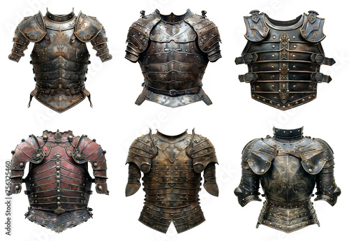 Set of various medieval chest armors isolated on transparent background. photo