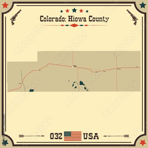 Large and accurate map of Kiowa County, Colorado, USA with vintage colors.