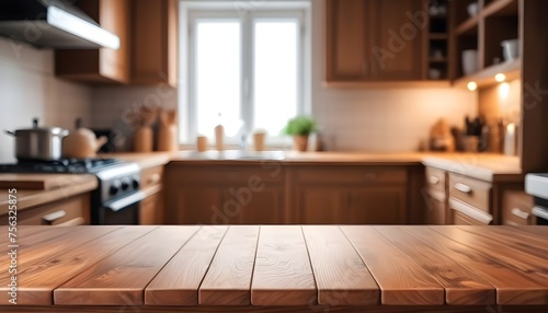 empty clean table in front of kitchen  modern interior design  