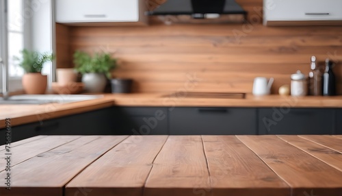 empty clean table in front of kitchen, modern interior design 