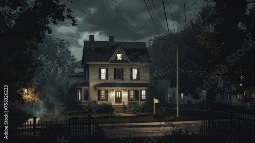 a white colonial house standing silently amidst the tranquil streets of a quiet neighborhood, enveloped in a moody atmosphere.