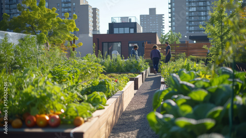 Lush green rooftop garden in an urban city with people enjoying the sustainable environment