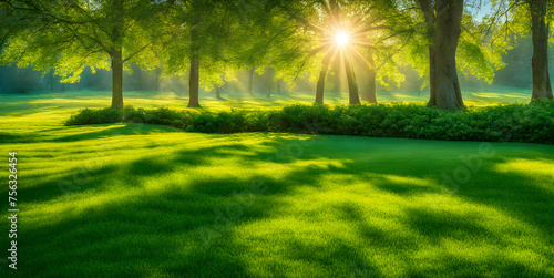 Fresh Springtime Lawn Under Sunny Sky