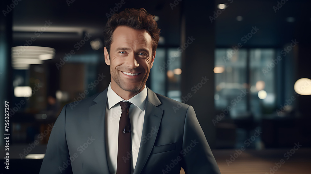 With an air of quiet confidence, a seasoned businessman consultant meets the camera's lens, his smile conveying both warmth and accomplishment, set against a backdrop of modern professionalism