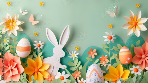 A paper art background for easter with egg and flower rabbit, copy space in the middle, vibrant color palette #756327256