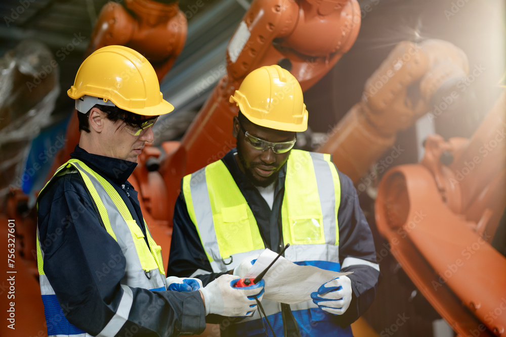 two professional engineer,worker,technician use clipboard discuss work, walk in steel metal manufacture factory plant industry. Black African American man and woman wear hard hat check quality machine - obrazy, fototapety, plakaty 