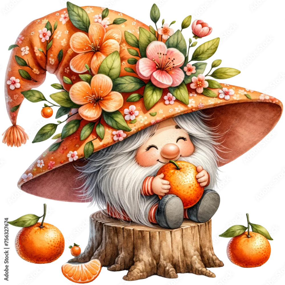 cute watercolor orange gnome,mandarin gnome