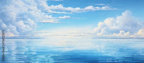 A natural landscape painting capturing a vast body of aqua water under a sky filled with fluffy cumulus clouds and an electric blue atmosphere  stretching to the horizon