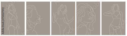 collection of modern simple minimalist posters with sexy linear silhouettes of naked and bikini girls on a beige background