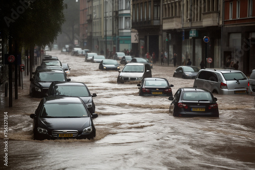Flood in a European city. Heavy rains. Bad weather. The cars sank in the water.
